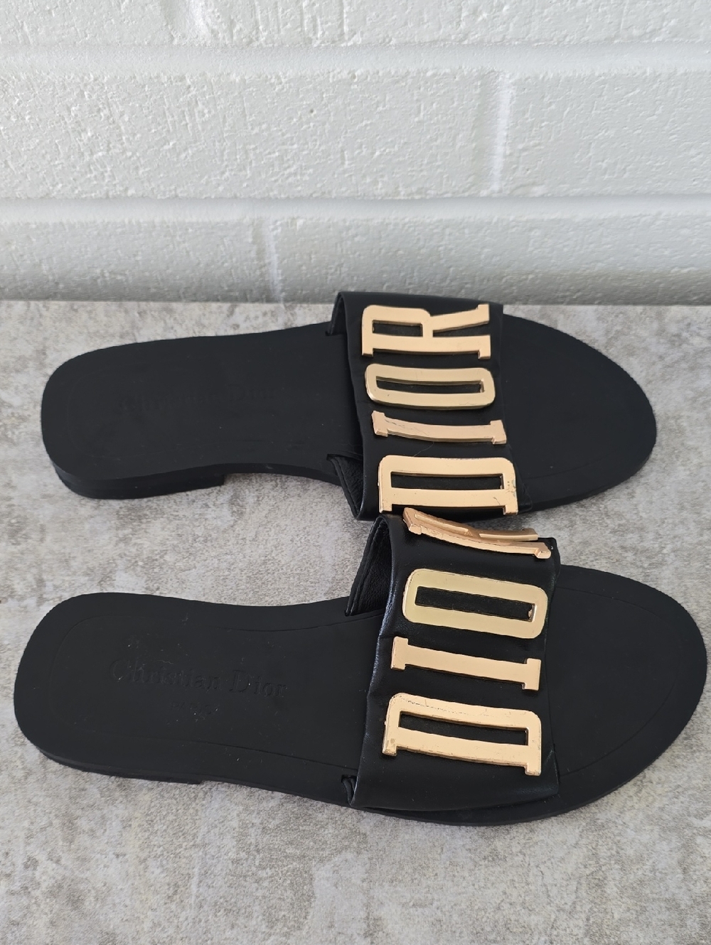 Christian Dior Gold Logo Sandals Sliders Black Color Size 36 - Picture 3 of 15